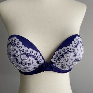 Victoria’s Secret Blue and White Push-up Strapless Lace Bra 34B
